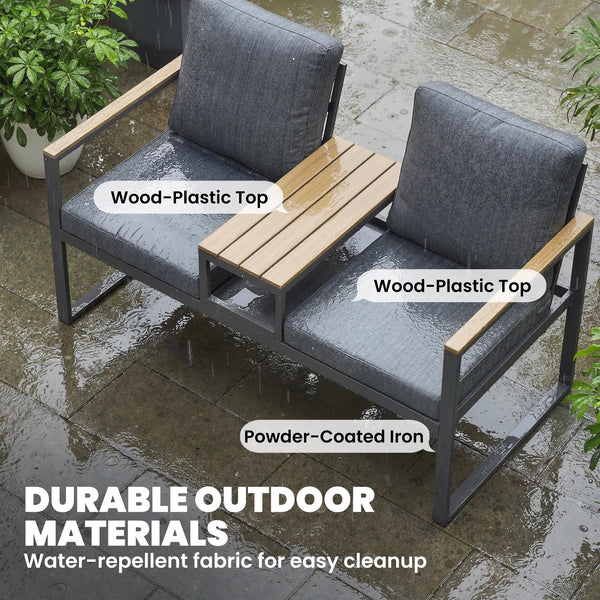 Outdoor Garden Bench, Patio Bench with Metal Frame, Integrated Center Table and Thick Cushions, 2-Seat Patio Loveseat, Light Grey