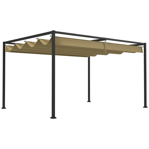 4 x 3(m) Metal Outdoor Pergola with Retractable Roof, Outdoor Gazebo Canopy Shelter with Drainage Holes for Garden, Patio, Lawn, Khaki