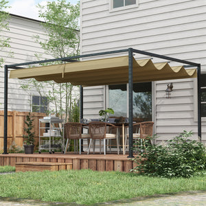 4 x 3(m) Metal Outdoor Pergola with Retractable Roof, Outdoor Gazebo Canopy Shelter with Drainage Holes for Garden, Patio, Lawn, Khaki