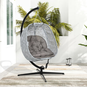 Hanging Egg Chair Outdoor Indoor Garden Swing Chair with Folding Basket, Garden Hanging Chair with Stand, Thickened Cushion, Cup Holder for Patio, Balcony, Sand Brown