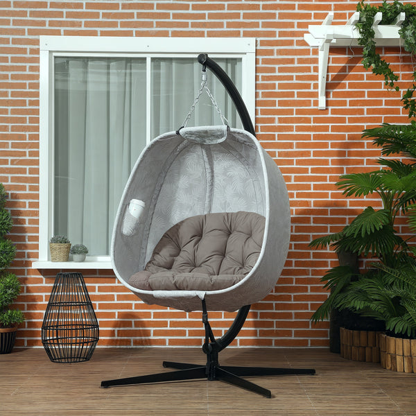 Hanging Egg Chair Outdoor Indoor Garden Swing Chair with Folding Basket, Garden Hanging Chair with Stand, Thickened Cushion, Cup Holder for Patio, Balcony, Sand Brown