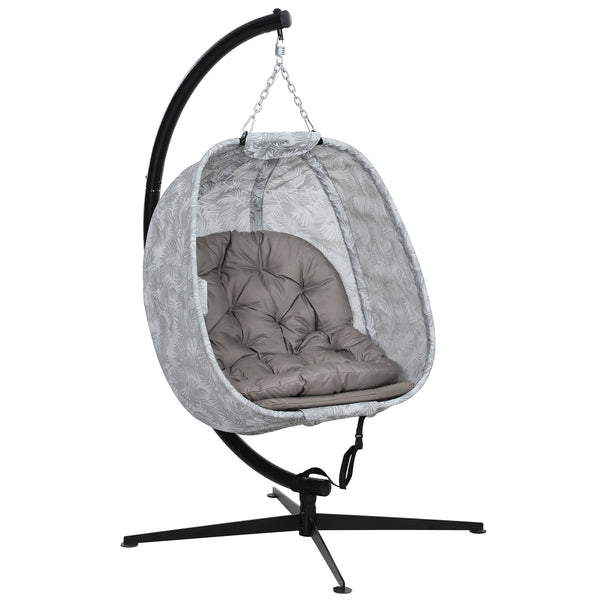 Hanging Egg Chair Outdoor Indoor Garden Swing Chair with Folding Basket, Garden Hanging Chair with Stand, Thickened Cushion, Cup Holder for Patio, Balcony, Sand Brown