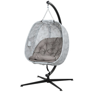 Hanging Egg Chair Outdoor Indoor Garden Swing Chair with Folding Basket, Garden Hanging Chair with Stand, Thickened Cushion, Cup Holder for Patio, Balcony, Sand Brown