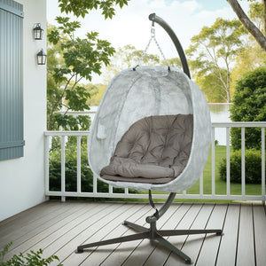 Hanging Egg Chair Outdoor Indoor Garden Swing Chair with Folding Basket, Garden Hanging Chair with Stand, Thickened Cushion, Cup Holder for Patio, Balcony, Sand Brown