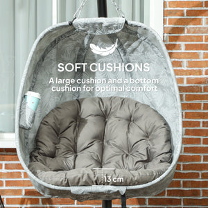 Hanging Egg Chair Outdoor Indoor Garden Swing Chair with Folding Basket, Garden Hanging Chair with Stand, Thickened Cushion, Cup Holder for Patio, Balcony, Sand Brown