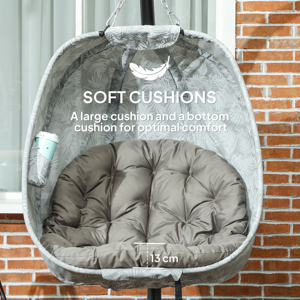 Hanging Egg Chair Outdoor Indoor Garden Swing Chair with Folding Basket, Garden Hanging Chair with Stand, Thickened Cushion, Cup Holder for Patio, Balcony, Sand Brown