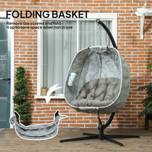 Hanging Egg Chair Outdoor Indoor Garden Swing Chair with Folding Basket, Garden Hanging Chair with Stand, Thickened Cushion, Cup Holder for Patio, Balcony, Sand Brown