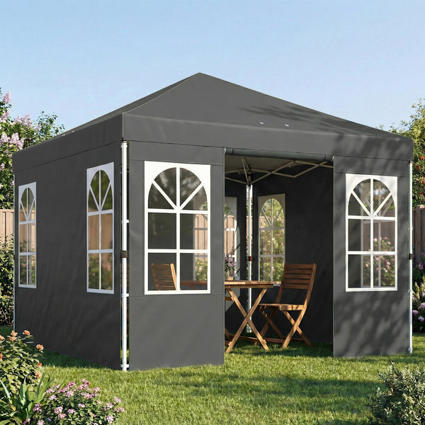 9.6 x 9.6 ft Pop Up Canopy Tent with Sidewalls, One Button Push Setup, UPF50+ Outdoor Portable Instant Canopy Shelter with Carry Bag, Sandbags, Adjustable Height for Parties Events, Dark Gray