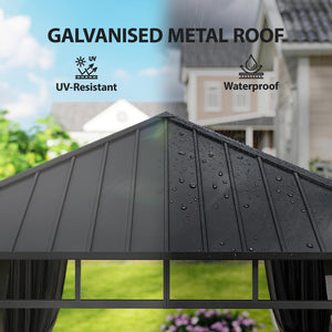 2.5 x 2.5 m Hardtop Gazebo with Galvanised Steel Roof, Waterproof Permanent Pavilion Garden Gazebo with Netting and Curtains for Patio, Deck, Dark Grey