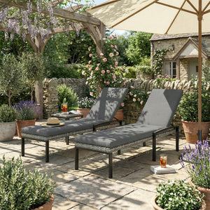 Chaise Lounge Chairs Outdoor, Set of 2 Wicker Patio Lounge Chairs with 5-Level Adjustable Backrest, Cushion, Rattan Sun Reclining Lounger for Backyard, Garden, Light Grey