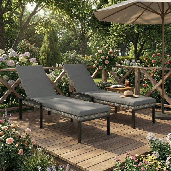 Chaise Lounge Chairs Outdoor, Set of 2 Wicker Patio Lounge Chairs with 5-Level Adjustable Backrest, Cushion, Rattan Sun Reclining Lounger for Backyard, Garden, Light Grey