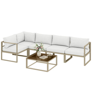 6 Seater Aluminium Garden Furniture Set, Extra Deep Garden Sofa Set with Coffee Table and Thick Cushions, Furniture Conversation Sets for Patio and Balcony, Outdoor, White