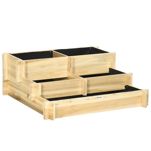 3-Tier Raised Garden Bed with 5 Compartments and Bed Liner, Fir Wood Elevated Planter Box, for Vegetables, Herbs, Outdoor Plants, 37 x 37 x 14in, Natural