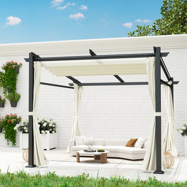 10' x 10' Metal Pergola with Sliding Roof Canopy, Retractable Pergola Canopy for Outdoor, Patio, Beige