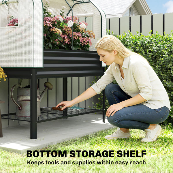 Galvanised Raised Garden Bed with Greenhouse Cover, Metal Elevated Garden Bed with Legs, Bed Liner and Bottom Shelf, Outdoor Raised Planter Box for Vegetables, Herbs, Flowers, Black