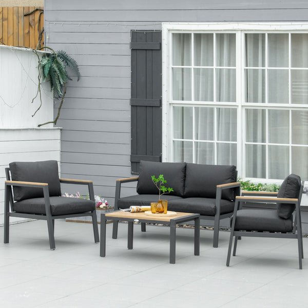 Outsunny 4 Piece Patio Furniture Set Aluminum Conversation Set Outdoor Garden Sofa Set w/ 2 Armchairs, Loveseat Sofa, Center Coffee Table, Cushions for Garden, Patio, Dark Gray