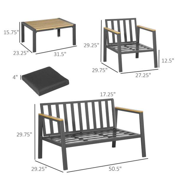 Outsunny 4 Piece Patio Furniture Set Aluminum Conversation Set Outdoor Garden Sofa Set w/ 2 Armchairs, Loveseat Sofa, Center Coffee Table, Cushions for Garden, Patio, Dark Gray