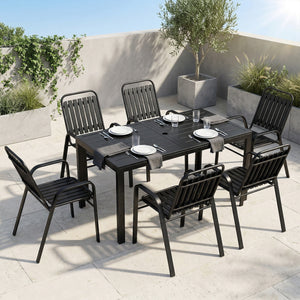 Garden Table and Chairs Set for 6 with Umbrella Hole, 7 Pieces Outdoor Dining Set with Rectangular Metal Slatted Tabletop and Stackable Chairs for Patio Porch, Black