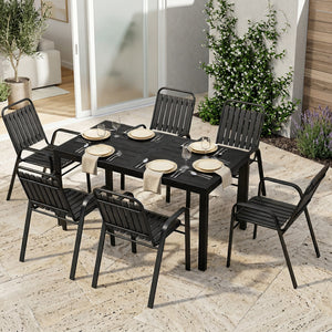 Garden Table and Chairs Set for 6 with Umbrella Hole, 7 Pieces Outdoor Dining Set with Rectangular Metal Slatted Tabletop and Stackable Chairs for Patio Porch, Black
