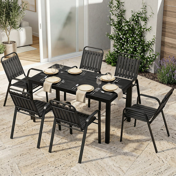 Garden Table and Chairs Set for 6 with Umbrella Hole, 7 Pieces Outdoor Dining Set with Rectangular Metal Slatted Tabletop and Stackable Chairs for Patio Porch, Black