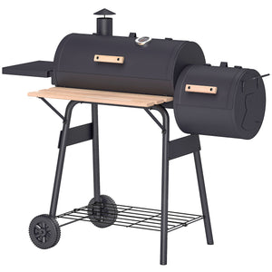 Charcoal Grill with Offset Smoker, 231 Sq.In. Cooking Area, Barrel BBQ Grill and Smoker Combo with Side Tables, Shelf, Thermometer, Wheels for Outdoor Patio Backyard Party Event Gathering