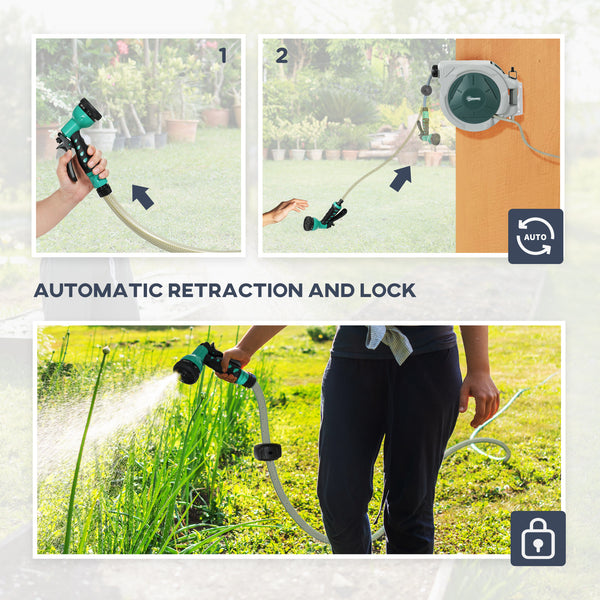 Retractable Garden Hose Reel, 1/2 in x 65ft Wall Mounted Water Hose Reel with 7- Function Sprayer Nozzle, Auto Rewind, Any Length Lock, 180° Swivel Bracket, Green
