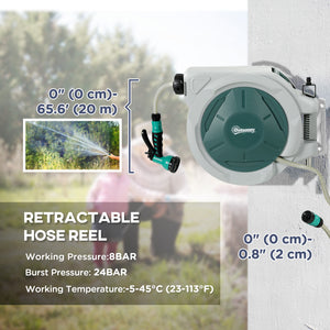 Retractable Garden Hose Reel, 1/2 in x 65ft Wall Mounted Water Hose Reel with 7- Function Sprayer Nozzle, Auto Rewind, Any Length Lock, 180° Swivel Bracket, Green