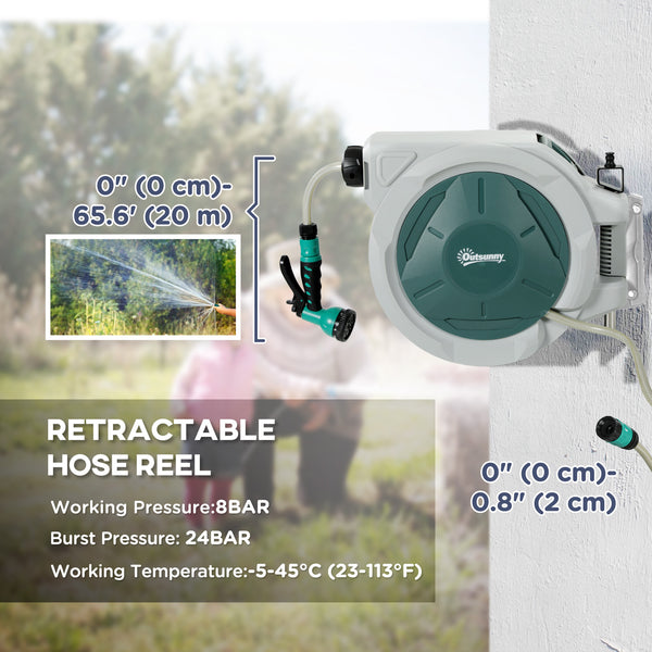 Retractable Garden Hose Reel, 1/2 in x 65ft Wall Mounted Water Hose Reel with 7- Function Sprayer Nozzle, Auto Rewind, Any Length Lock, 180° Swivel Bracket, Green