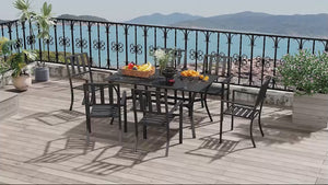 7 Pieces Patio Dining Set, 6 Seater Outdoor Table and Stackable Chairs with Umbrella Hole, Galvanised Steel Frame, Space Saving, for Poolside, Garden, Black