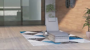 Patio Rattan Sun Lounger, 5-Level Adjustable Recliner Sunbed with Cushion & Tea Tray, Grey