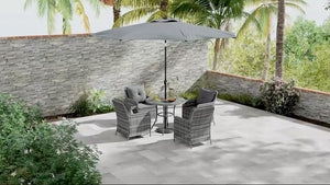 4 Seater Rattan Dining Set w/ Parasol, Seat & Back Cushions, Round Glass Tabletop, Mixed Grey