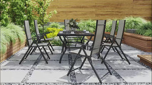 7 Pieces Garden Dining Set, 6 Seater Garden Furniture Set with Parasol Hole, Outdoor Dining Set with High Back Folding Chairs and Square Metal Top Table for Outdoor Patio, Khaki
