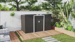 9 x 4ft Metal Storage Tool House with Foundation Kit, Vents & Double Doors, Light Grey Wood Grain