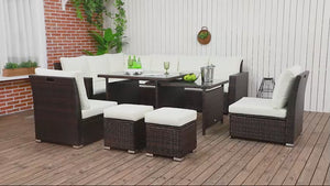 10 Seater Rattan Corner Sofa Set with Expandable Table and Nesting Chairs, Brown