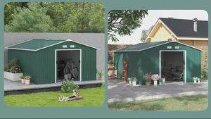 11' x 13' Metal Garden Storage Shed with Foundation Kit & Double Doors, Green
