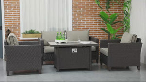 5 Pieces PE Rattan Garden Sofa Set with Gas Fire Pit Table, Loveseat & Armchairs, Dark Brown