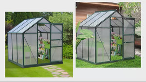 6 x 6ft Large Polycarbonate Greenhouse with Aluminium Frame, Slide Door & Window, Dark Green