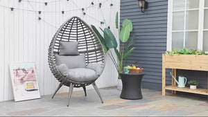 Outdoor Rattan Chair with Soft Cushion, Wicker Egg Lounge Chair for Balcony, Light Grey