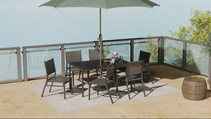 6 Seater Garden Dining Set, Aluminium Top Table with Umbrella Hole, Texteline Chairs, Outdoor Table and Chairs, Dark Grey