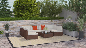 7 Pieces PE Rattan Corner Sofa Set with Cushion, Pillows & Glass Coffee Table, Mixed Brown