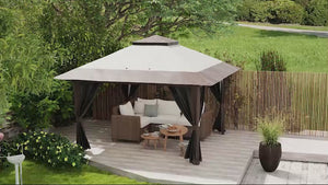 13'x13' Pop-Up Gazebo with 2-Tier Roof, Carry & Weight Bags, Beige