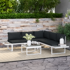 FlexNook Patio Sofa Set w/ 5-Level Recline Corner Sofa and Slatted Table, White and Grey