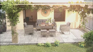 6 Piece Wicker Rattan Patio Set with Ottomans, Glass Top Table & Cushions, Navy Blue