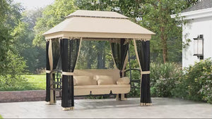 3 in 1 Canopy Gazebo Swing Chair w/ Sun Shade, Mesh Mosquito & Net for 3 Person, Dark Grey