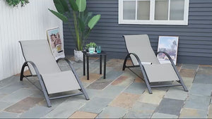 3 Pieces Sun Lounger Set, Metal Frame Sunbathing Chair with Side Table & Armrest, Grey