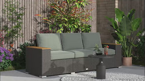 3-Seat Rattan Patio Couch with Cushions and Wood Grain Wide Armrests, Dark Gray