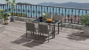 4 Seater Outdoor Rattan Dining Set with Rectangular Glass Tabletop & 4 Armchairs, Mixed Grey