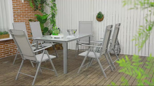 7 Piece Garden Dining Set, Outdoor Table and 6 Folding and Reclining Chairs, Aluminium Frame, Tempered Glass Top Table, Texteline Seats, Grey