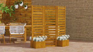 3 Panels Outdoor Privacy Screen Wood Privacy Panel with 4 Self-Draining Planters, Natural