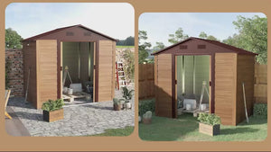 8 x 6ft Metal Garden Shed, Storage Tool House with Double Sliding Doors & Shutter Vents, Brown
